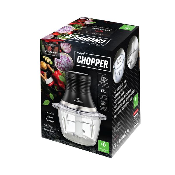 Чопър  EK-1011GS, 300W, 2 режещи остриета от неръждаема стомана, Стъклена купа 1.2 Литра