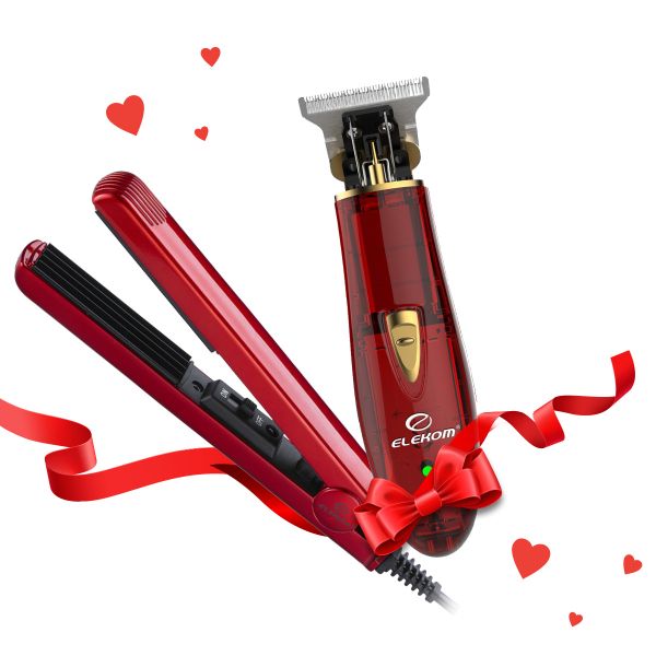 Комплект за Нея и  Него - Мини преса за коса EK-122B и Машинка за подстригване и Фейд прическа EK-720A